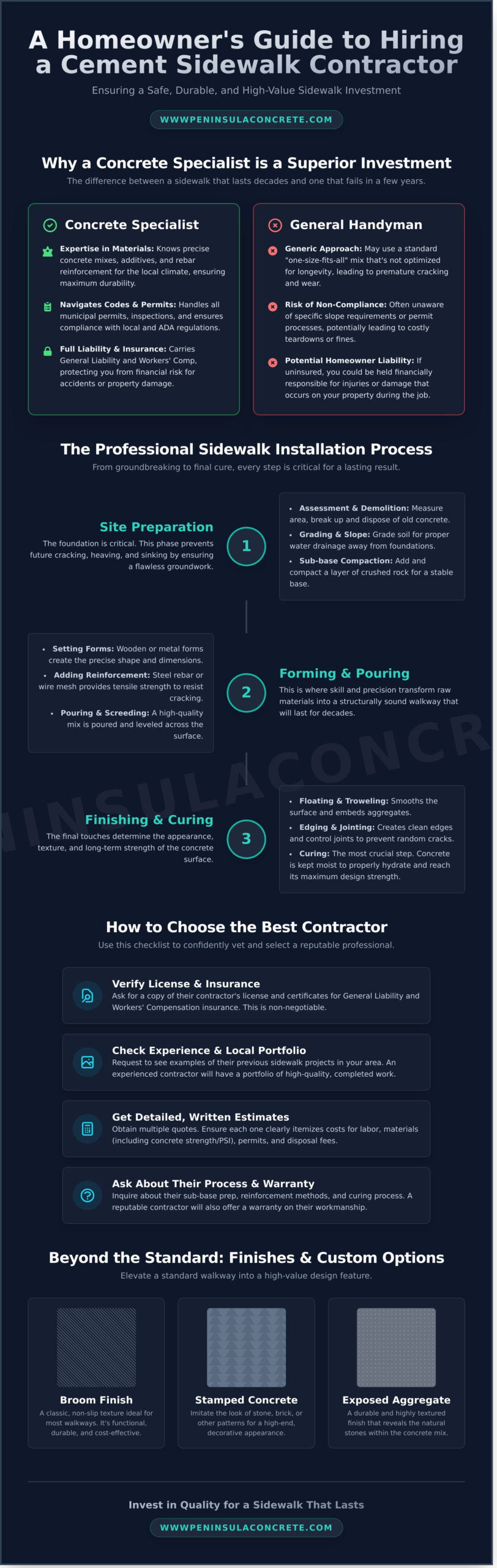 Hiring Cement Sidewalk Contractors: A Homeowner’s Guide - Infographic